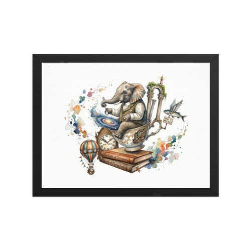A surreal watercolor illustration of an elephant in a teacup stirring a galaxy, sitting on books with a flying fish holding a sign.