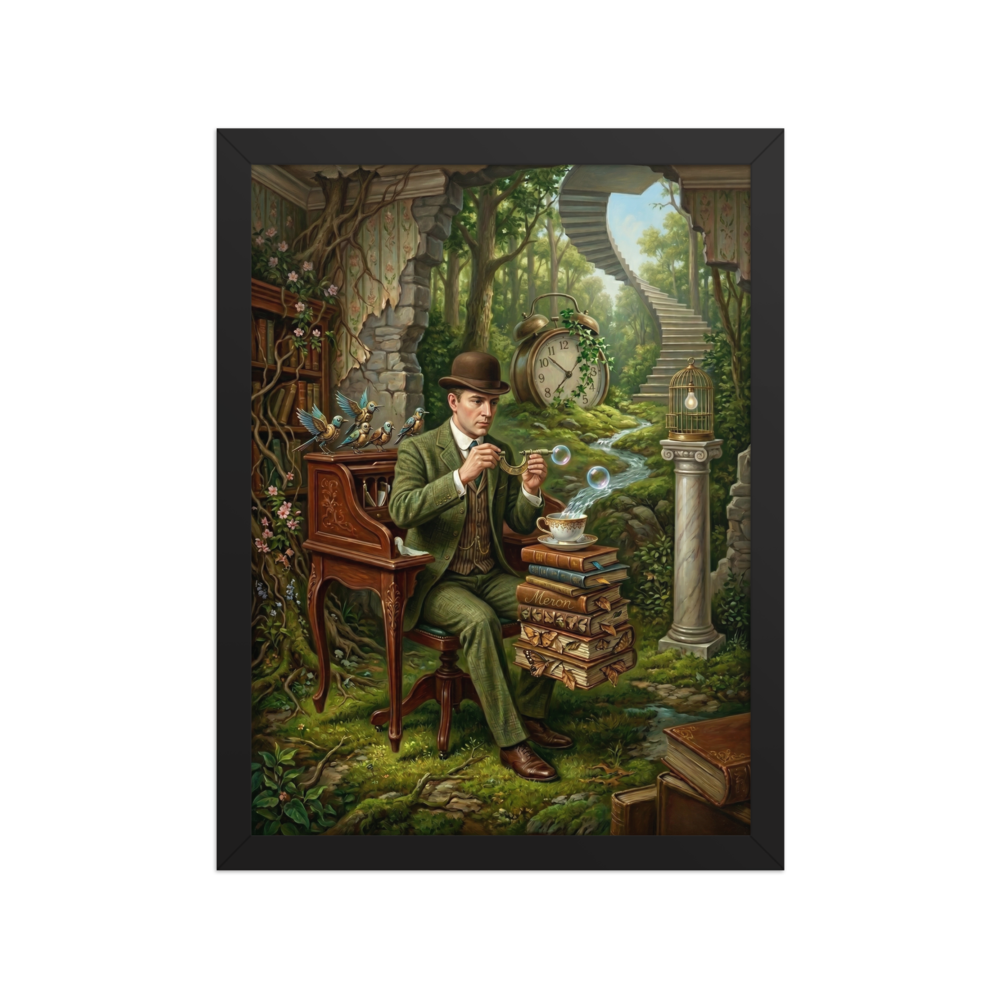 Surreal illustration of a man blowing bubbles into a teacup stacked on books in a forest room with a clock and spiral staircase.