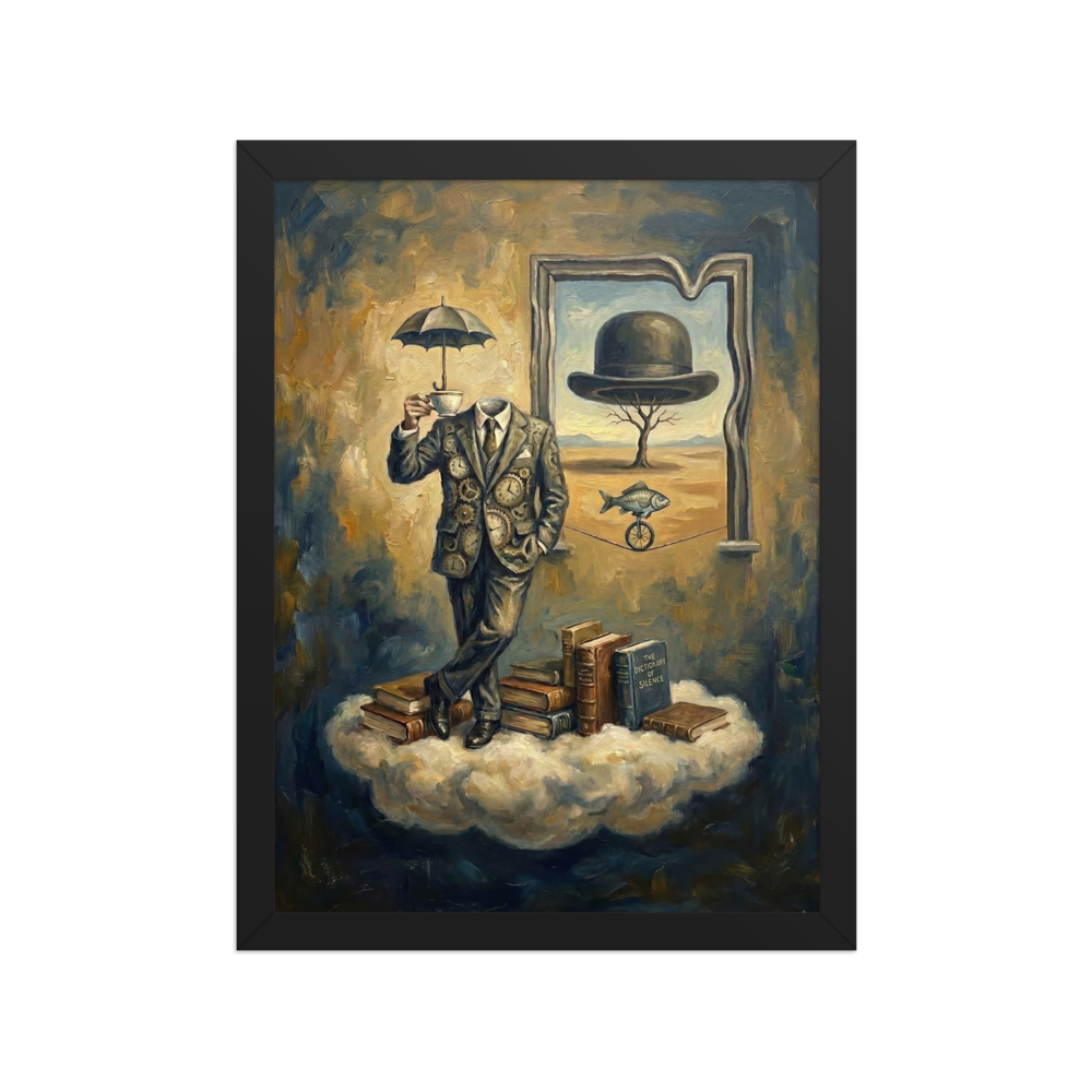 A surreal oil painting of a headless suit made of clocks holding a teacup, standing on books over a cloud, with a window showing a fish on a unicycle.