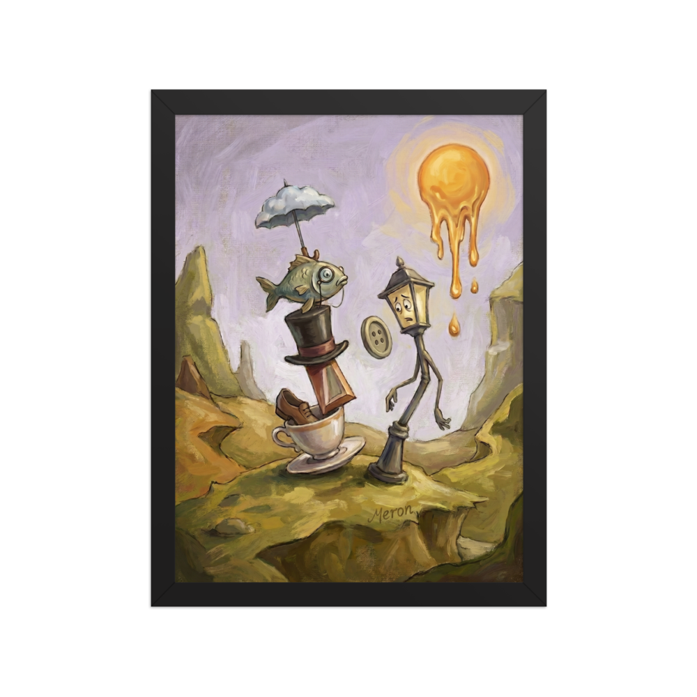 A surreal painting of a fish with a monocle on a top hat, balanced in a teacup, next to an anxious lamppost under a dripping orange sun.