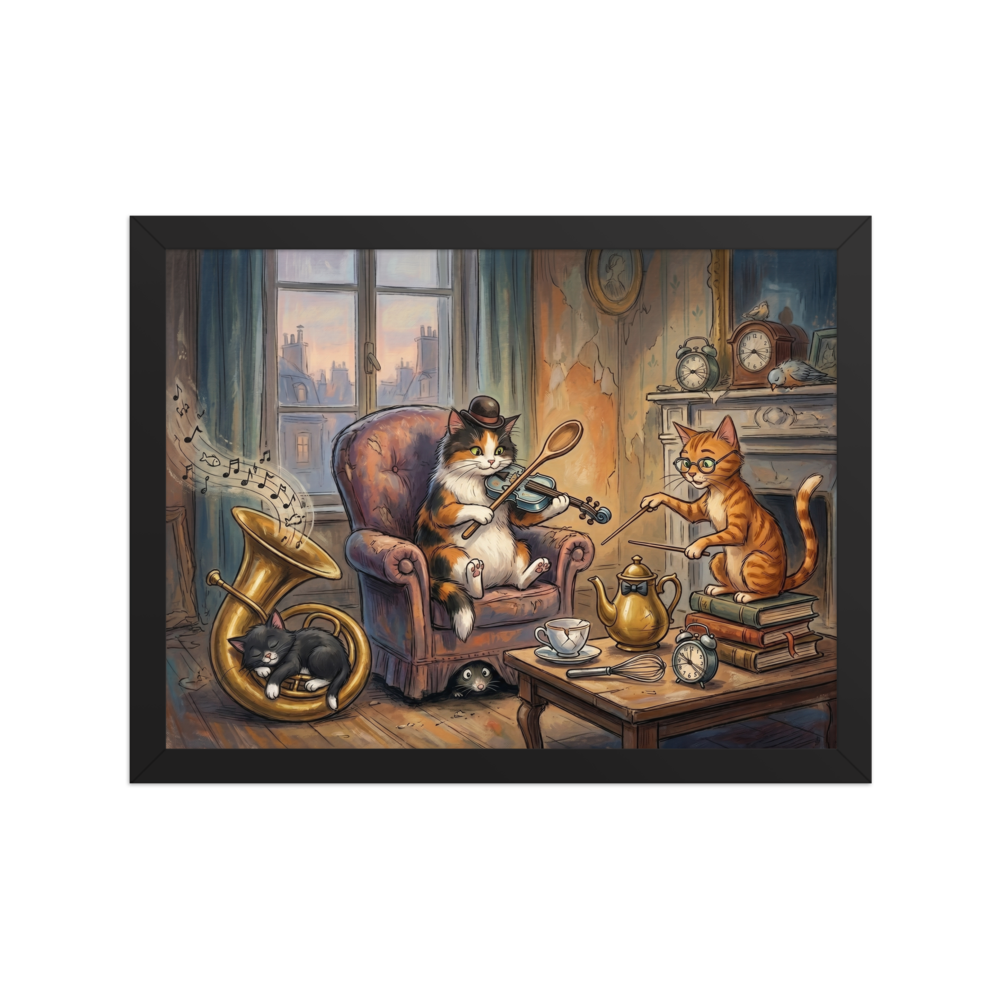An absurdist illustration of cats playing instruments, including a cat in a bowler hat playing a violin with a wooden spoon and another drumming on books, in a cozy vintage room.