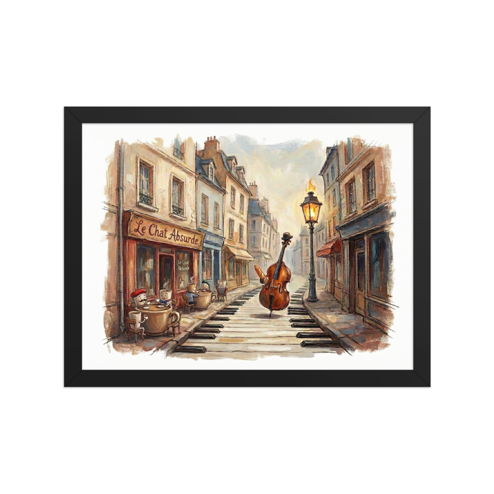 A surreal painting of a cello with a bowler hat and baguette walking down a street made of piano keys, past a cafe where animated coffee cups are seated.