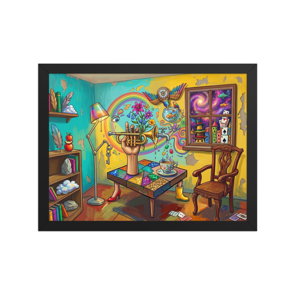 A surreal painting of a disembodied hand holding a trumpet blooming with flowers, which pours gems into a teacup on a table with mismatched legs, surrounded by bizarre elements like a cosmic window and a fishbowl on a bird.