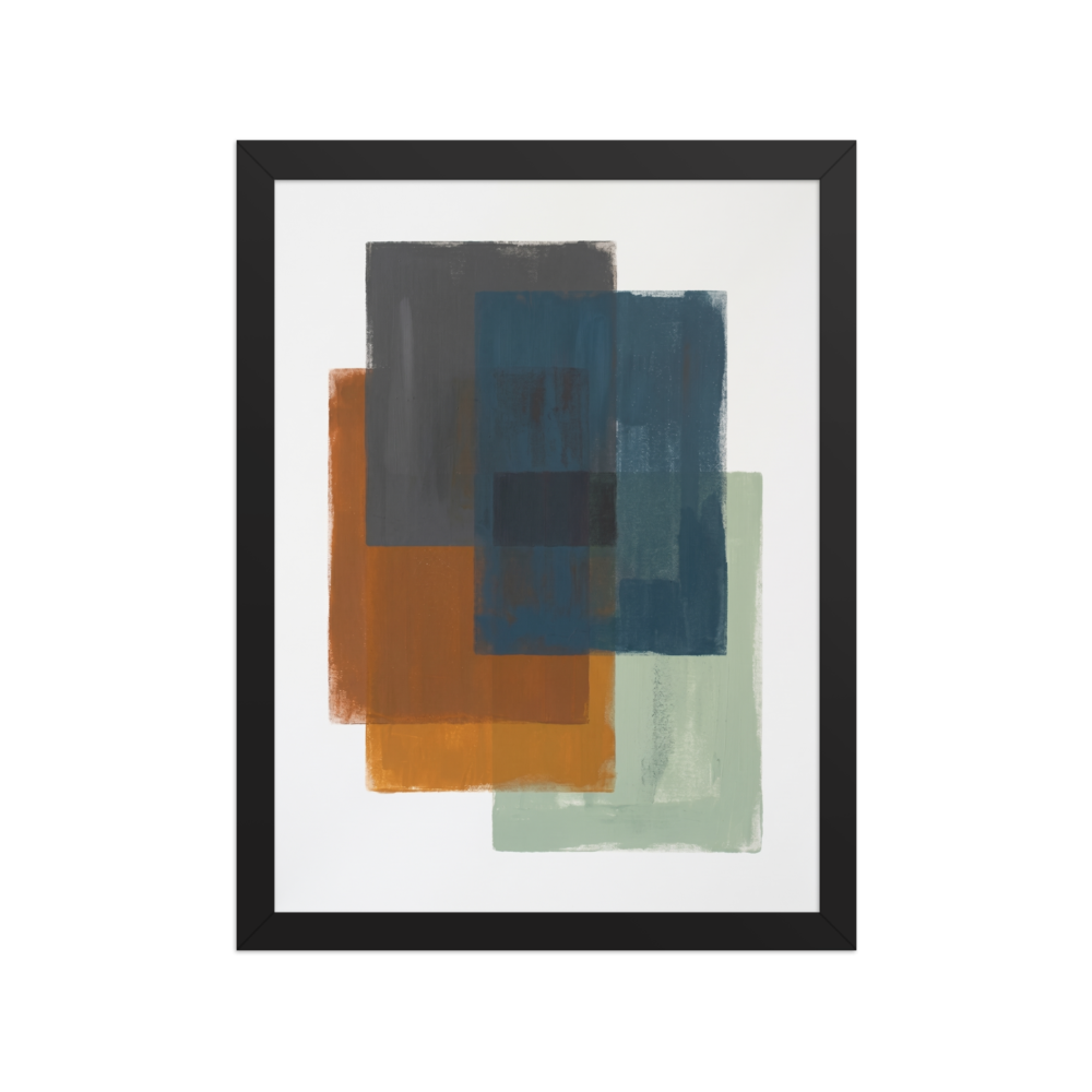 An abstract painting of overlapping, translucent rectangular blocks of color including blue, orange, gray, and green on a white canvas.