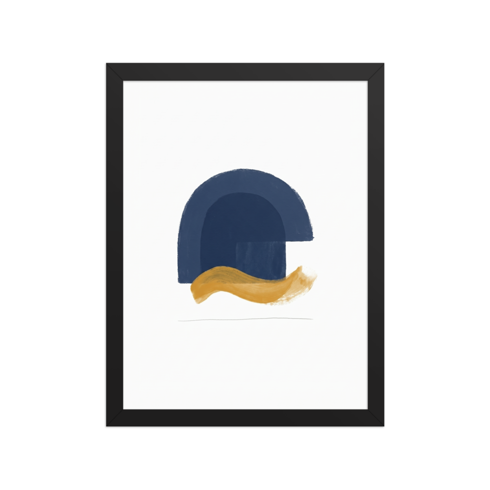 A minimalist painting featuring a large solid navy blue arch shape over a sweeping, textured golden-yellow brushstroke on a white background.