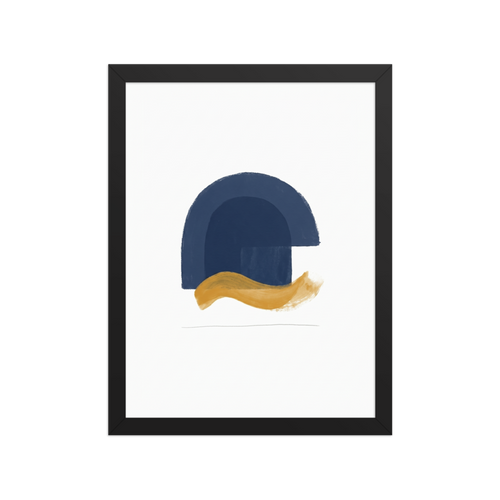 A minimalist painting featuring a large solid navy blue arch shape over a sweeping, textured golden-yellow brushstroke on a white background.