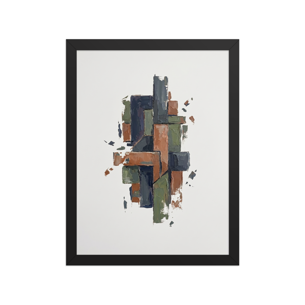 An abstract impasto painting of intersecting rectangular blocks in slate grey, navy, olive green, and terracotta brown on a white background with scattered paint fragments.