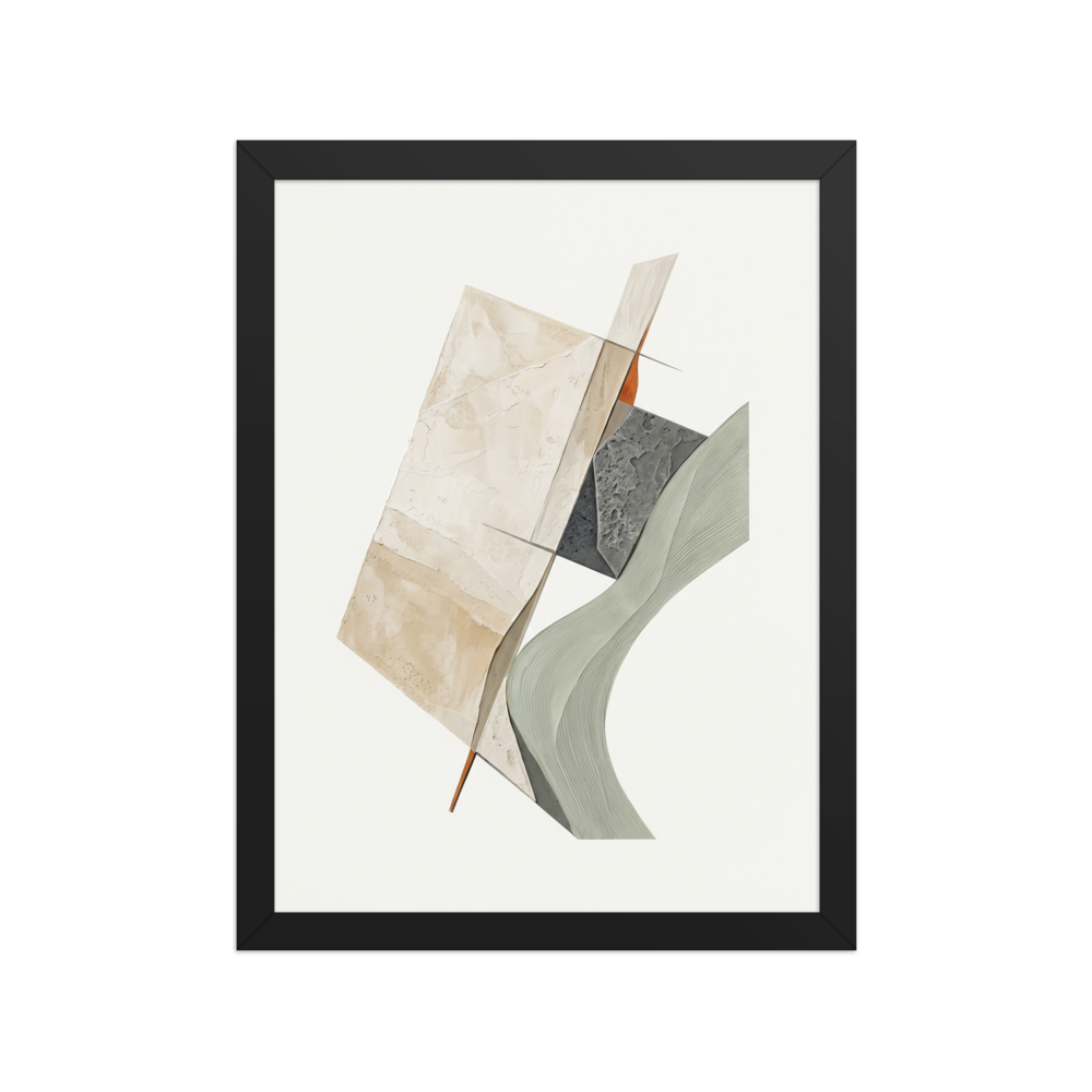 An abstract mixed media composition featuring a textured beige plane, a dark grey stone-like block, and a flowing pale sage green shape on an off-white background.