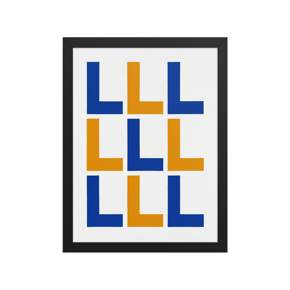 A minimalist geometric composition featuring a three-by-three grid of bold blue and orange L-shapes on a white background.