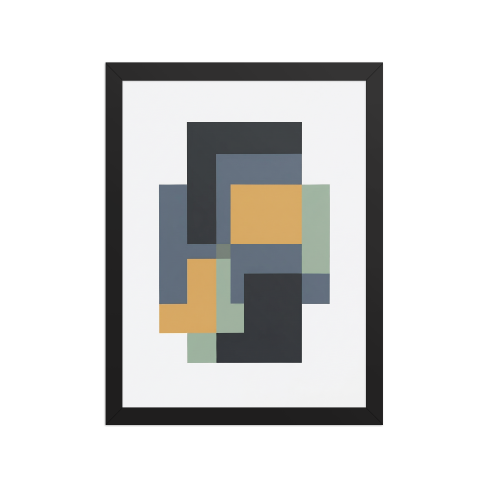 Abstract composition of interlocking rectangular shapes in yellow, slate blue, green, and black on a white background.