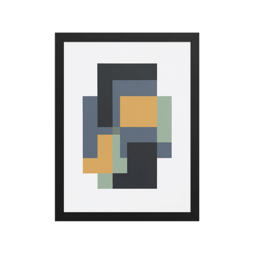 Abstract composition of interlocking rectangular shapes in yellow, slate blue, green, and black on a white background.