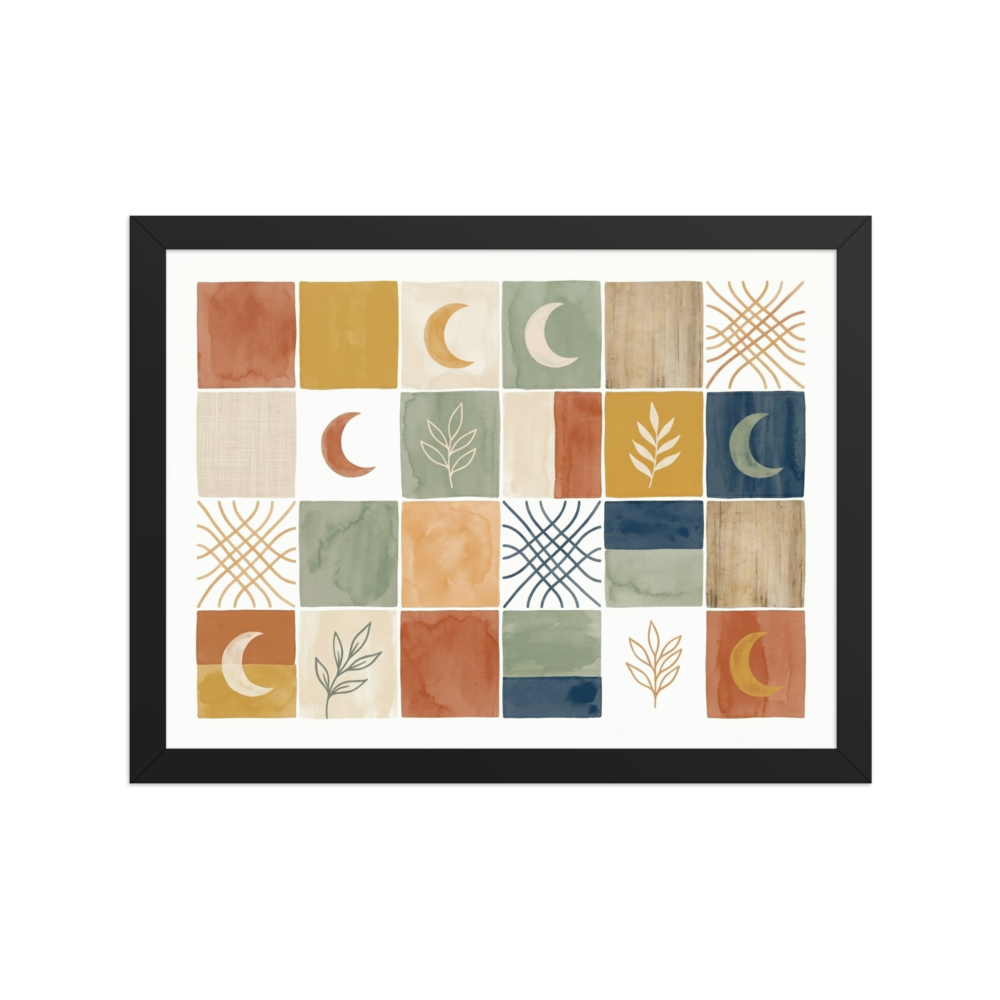 A grid of watercolor tiles featuring minimalist celestial and botanical motifs in terracotta, ochre, sage, and navy.