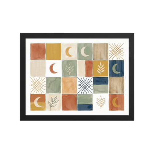 A grid of watercolor tiles featuring minimalist celestial and botanical motifs in terracotta, ochre, sage, and navy.