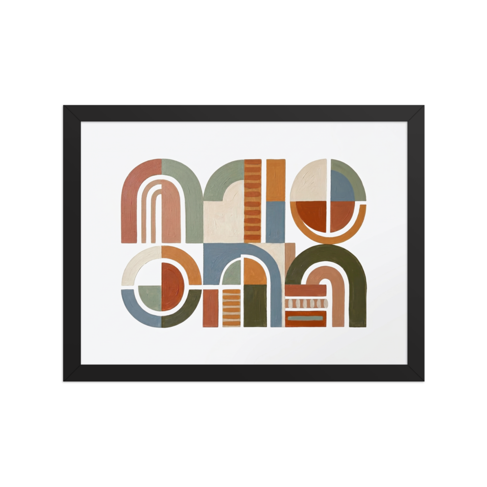 Abstract composition of painted geometric shapes including arches and half-circles in earthy tones like terracotta, sage green, and slate blue.