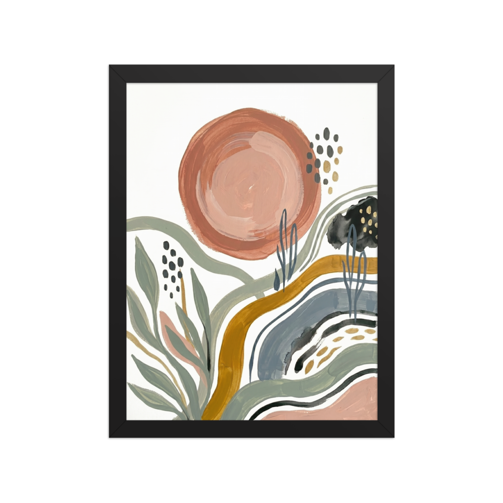 An abstract bohemian painting featuring a large terracotta circle over flowing waves of sage green, mustard, and slate blue, accented with simple botanical line art and gold dots.