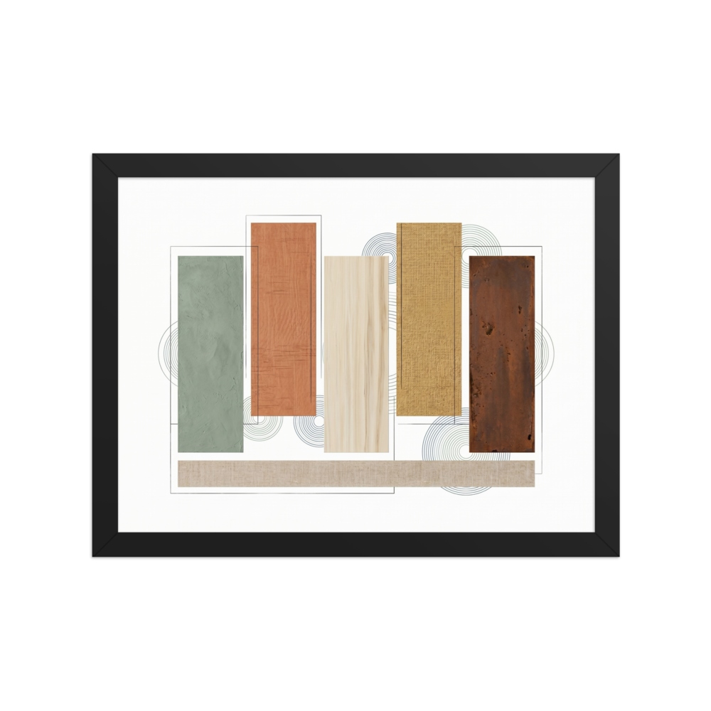 A minimalist geometric artwork featuring five textured vertical rectangles in sage, terracotta, wood, mustard, and rust, layered over thin black wireframe boxes and concentric circles.