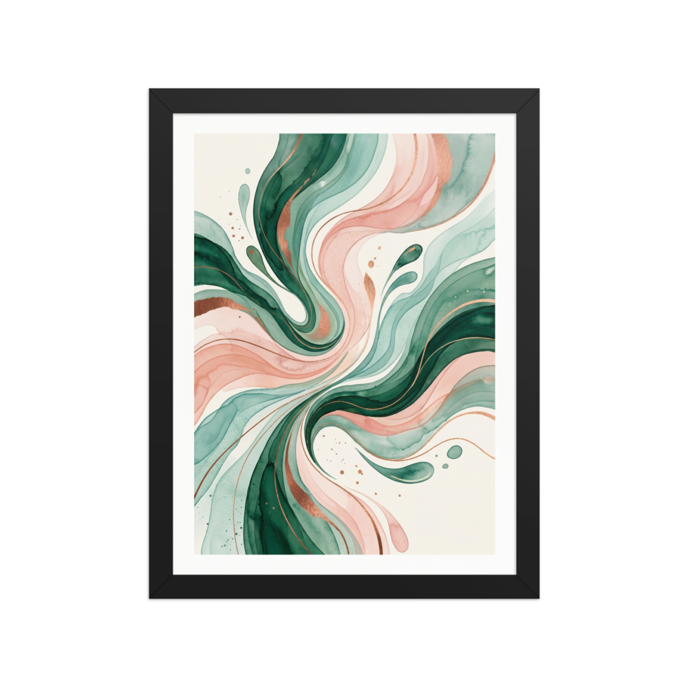 A fluid abstract watercolor painting showing swirling ribbons of emerald green, mint, and blush pink, accented with thin metallic copper lines and splatters on a cream background.