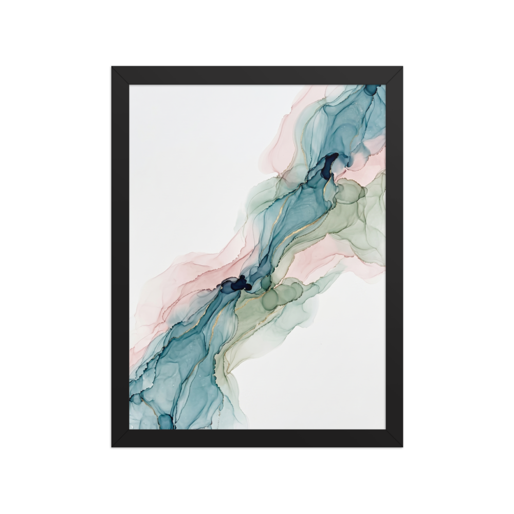 An airy fluid abstract painting with a diagonal flow of translucent teal, sage green, and blush pink alcohol ink, outlined by thin gold veins on a white background.