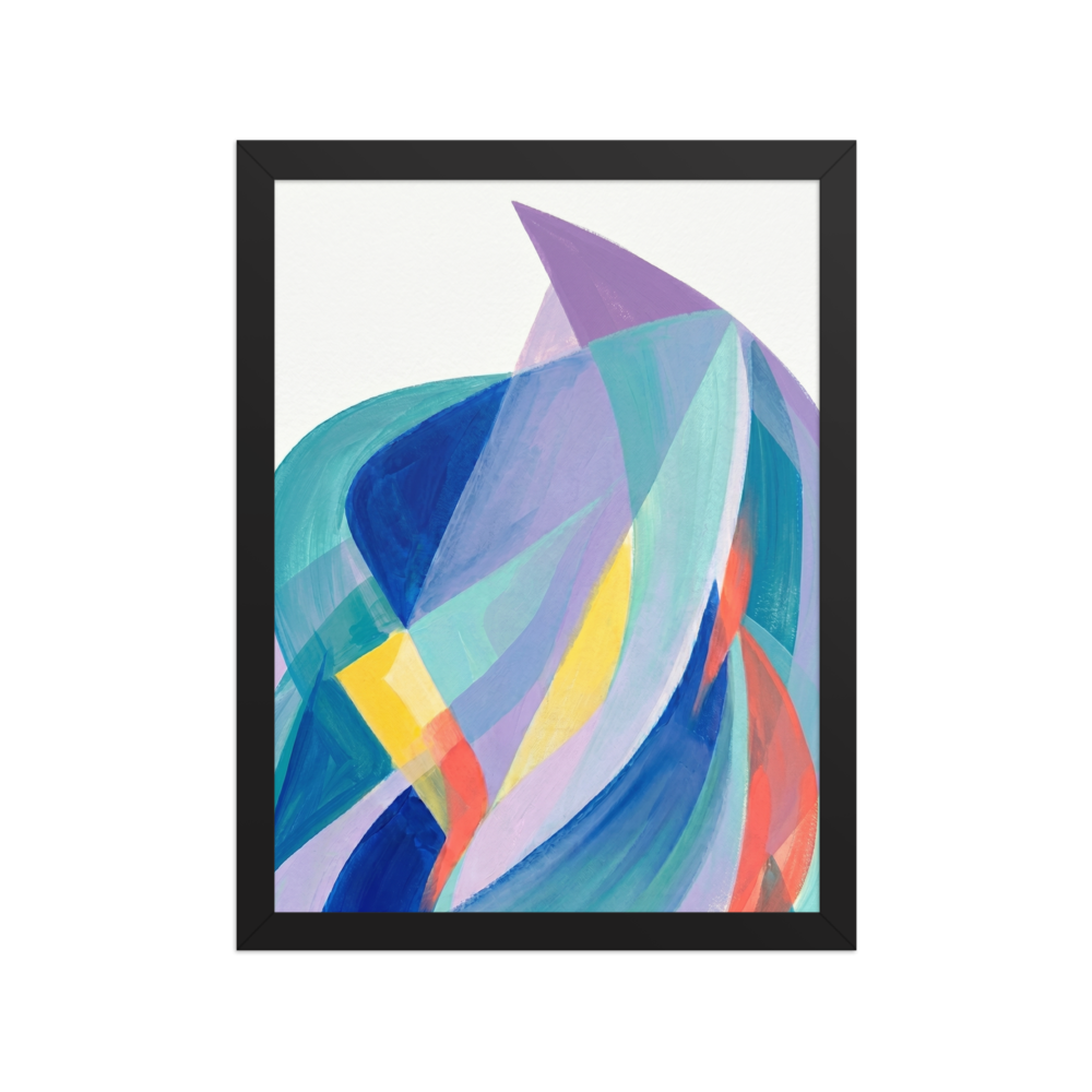 An abstract minimalist painting featuring overlapping, translucent sweeping shapes in blue, purple, yellow, and coral on a white background.
