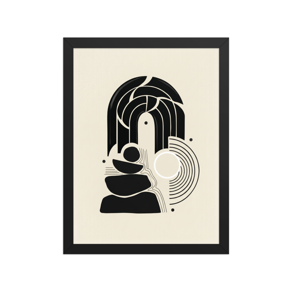 A minimalist black and white digital artwork featuring a bold arch, stacked organic stones, and concentric circles on a textured cream background.