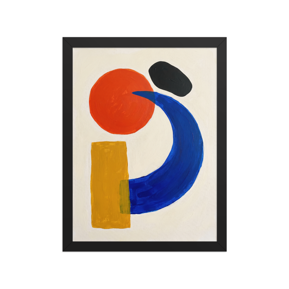 A minimalist painting of abstract geometric shapes on canvas, featuring an orange circle, a black oval, a yellow rectangle, and a sweeping blue curve.