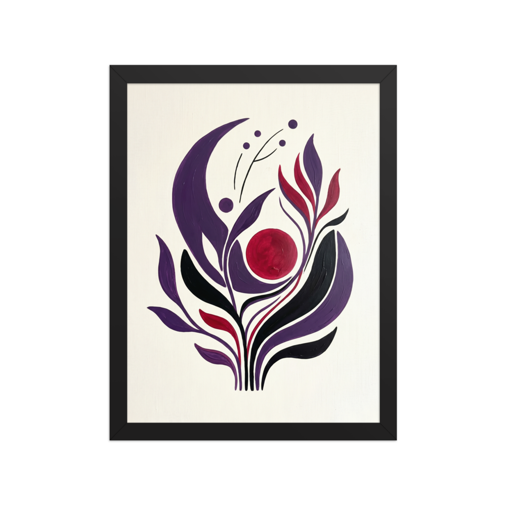 A minimalist abstract painting of stylized plant leaves in purple, black, and red curving around a central red circle on a cream background.