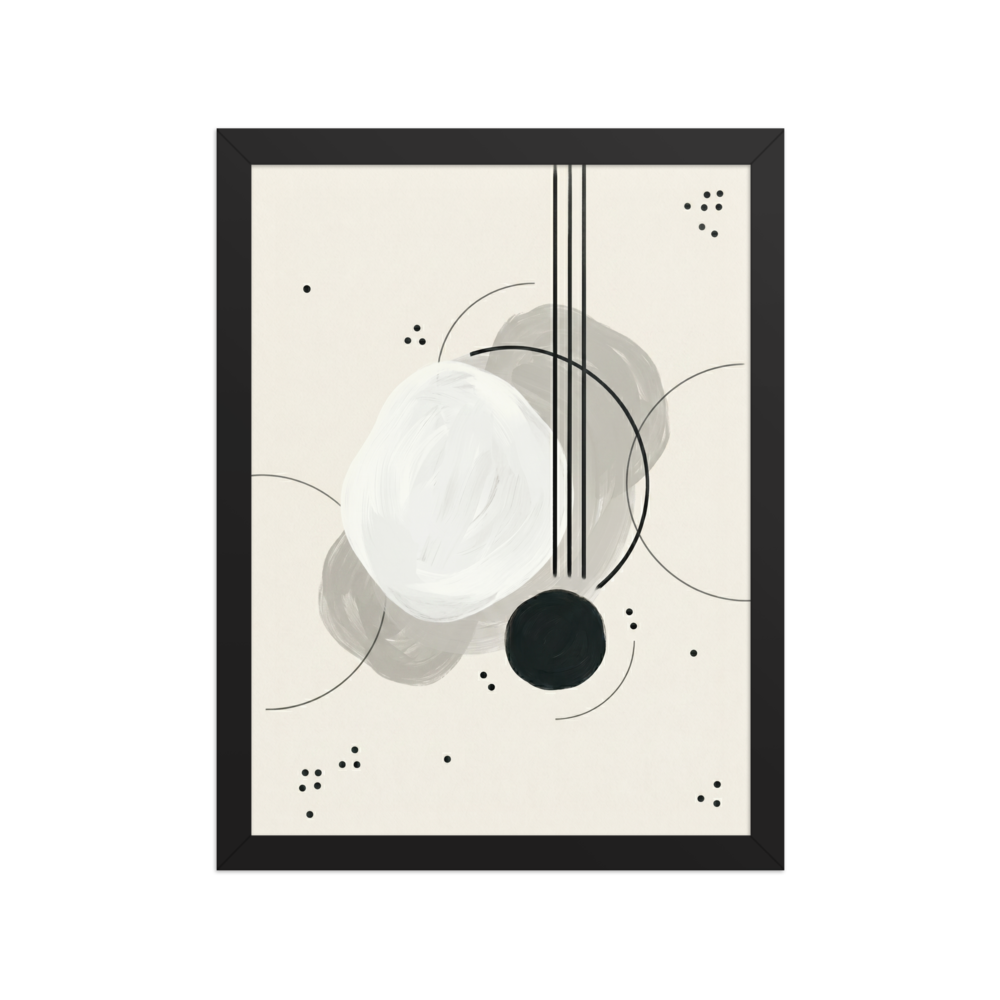 A minimalist abstract painting featuring soft grey and white watercolor-like shapes intersected by stark black vertical lines, curved wire-like arcs, and scattered black dots on a cream background.