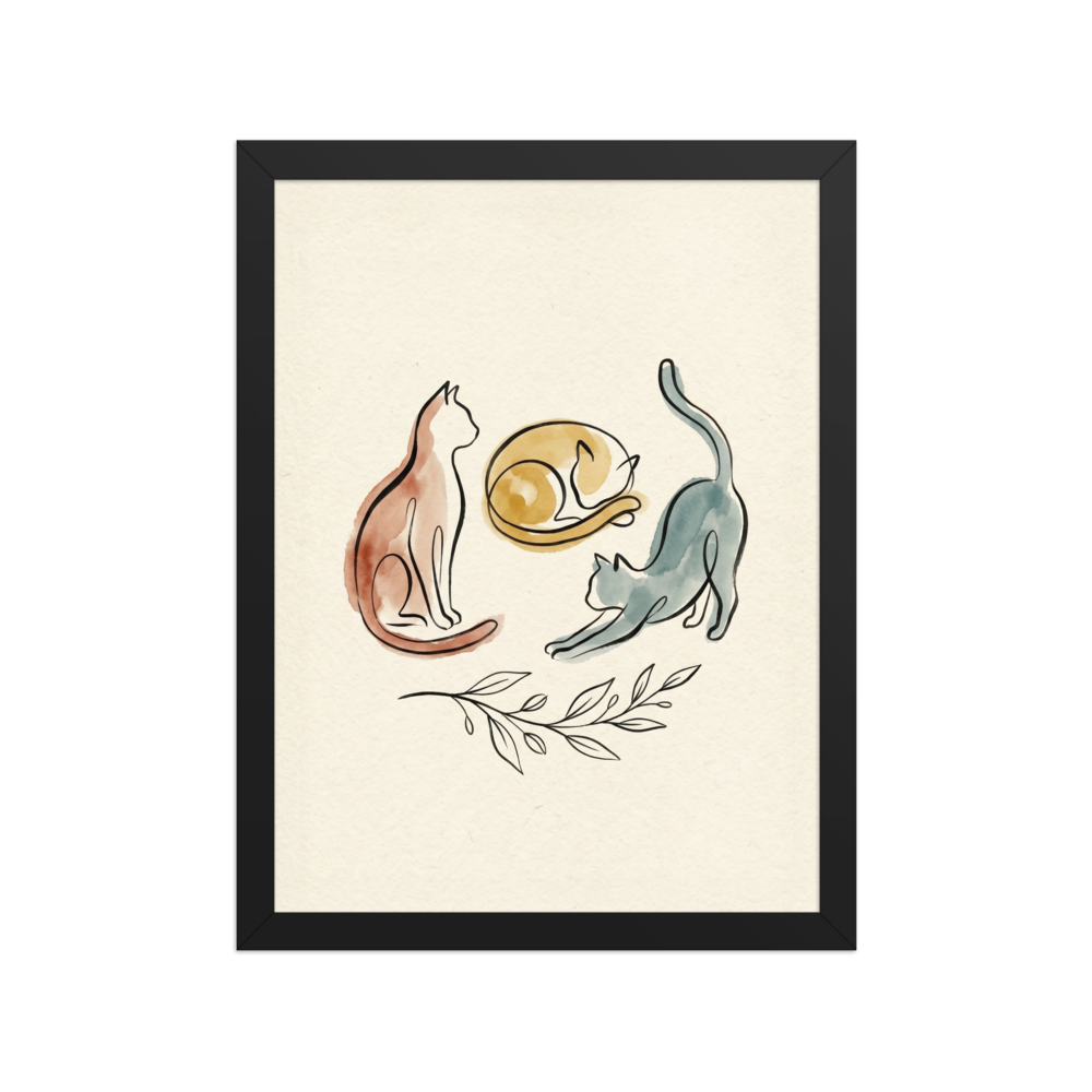 A continuous line drawing with watercolor splashes showing three cats in sitting, sleeping, and stretching poses.