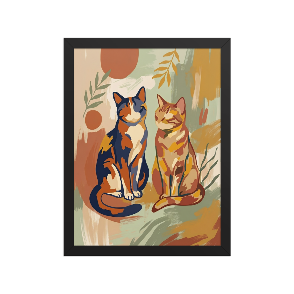 An abstract painterly illustration of a calico and a tabby cat sitting together among geometric and botanical shapes.