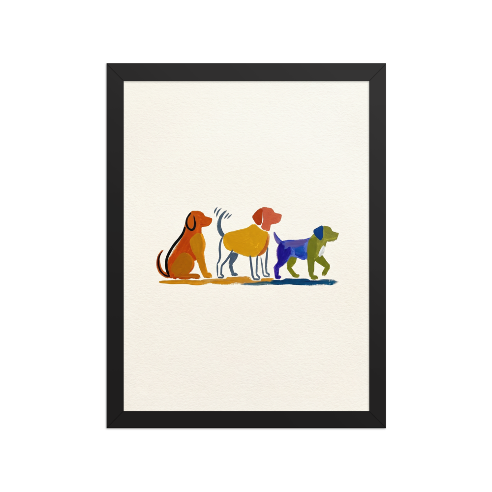 A colorful minimalist illustration of three dogs painted with simple blocks of color including orange, yellow, and blue.