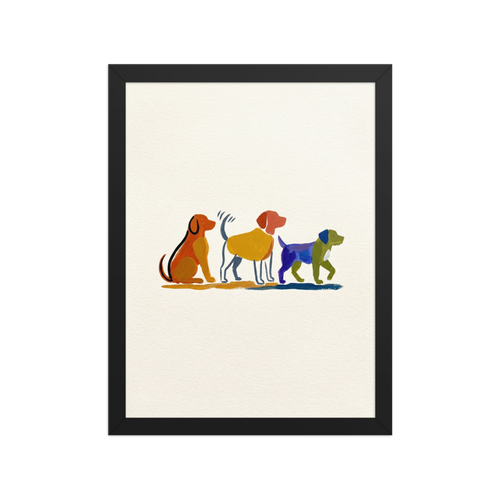 A colorful minimalist illustration of three dogs painted with simple blocks of color including orange, yellow, and blue.