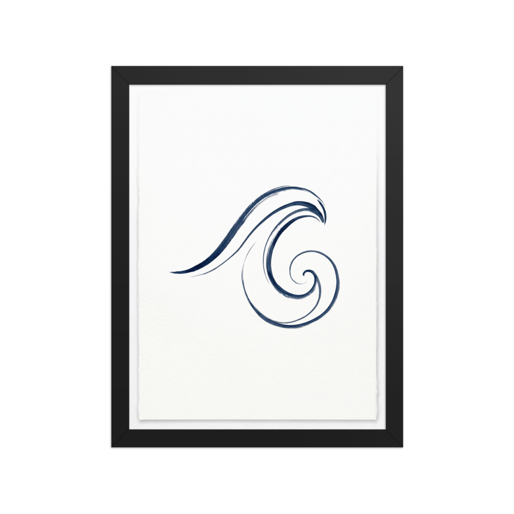 A minimalist brushstroke illustration of an ocean wave in deep indigo blue against a white background.