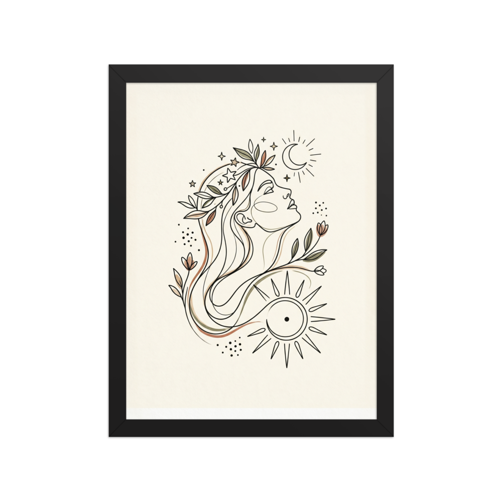 A minimalist line art drawing of a woman in profile looking upwards, adorned with a leaf and star crown, surrounded by a crescent moon, a stylized sun, and subtle earthy botanicals.