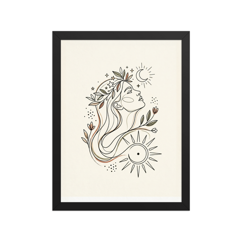 A minimalist line art drawing of a woman in profile looking upwards, adorned with a leaf and star crown, surrounded by a crescent moon, a stylized sun, and subtle earthy botanicals.