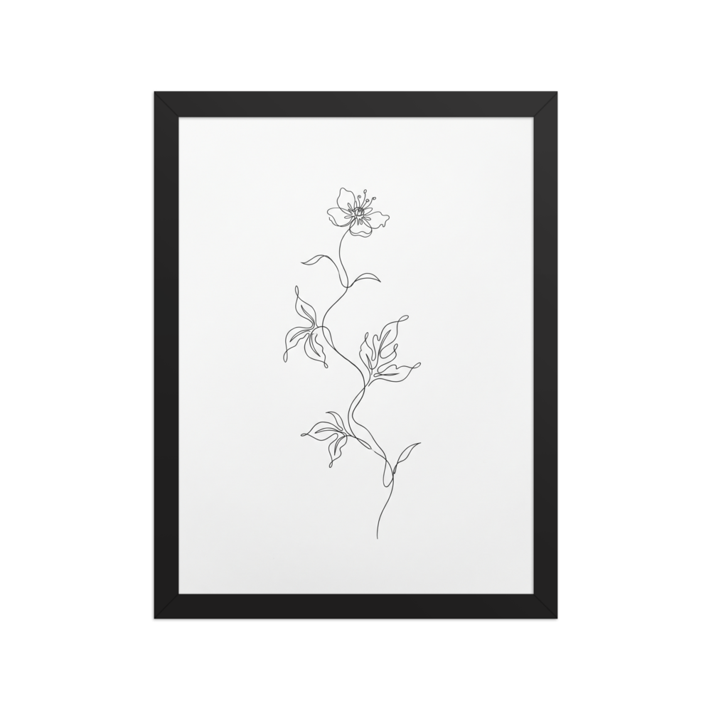 An ultra-minimalist continuous line drawing of a single flower with leaves blooming from a gracefully curving stem on a white background.