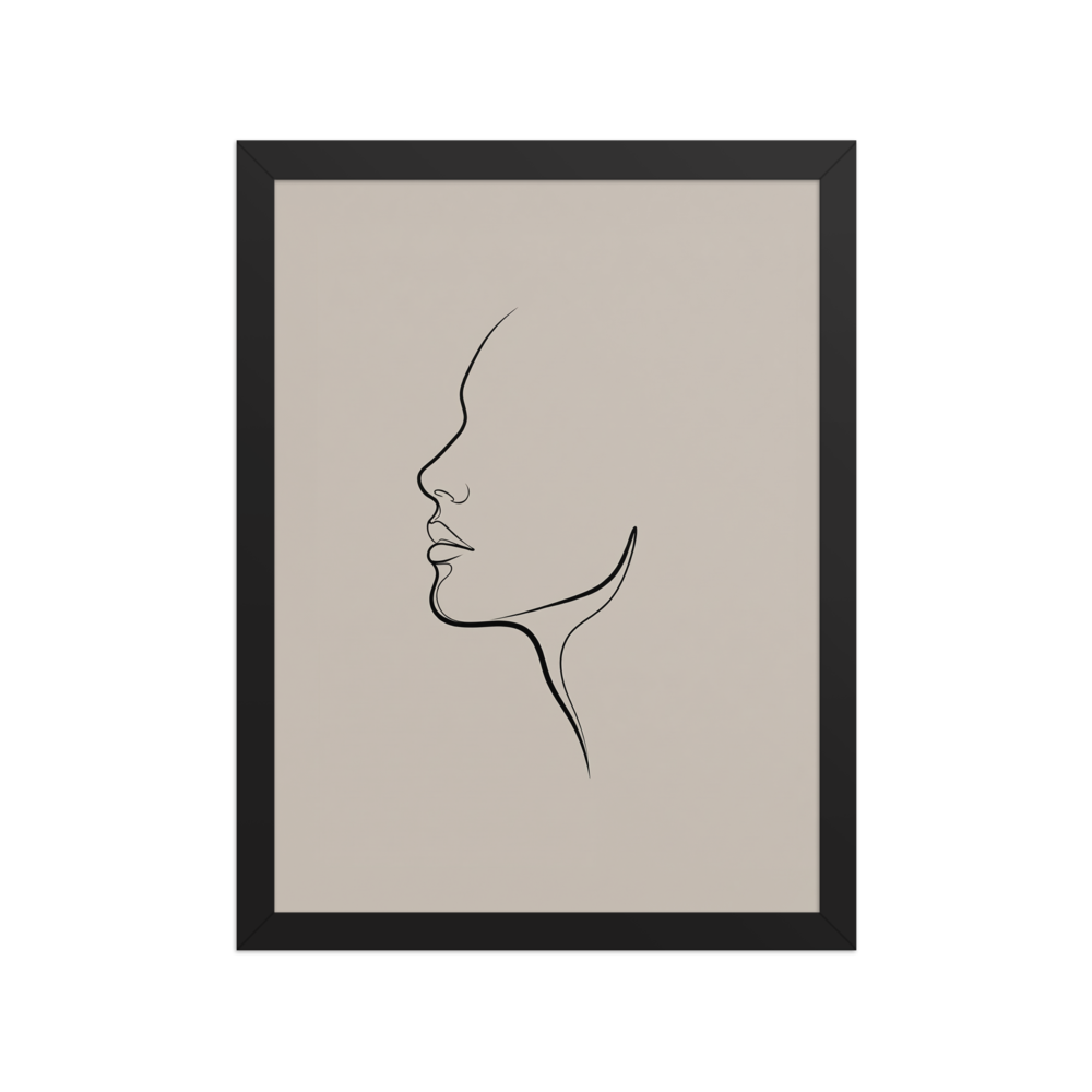 A minimalist continuous line drawing of a woman's side profile on a warm beige background.