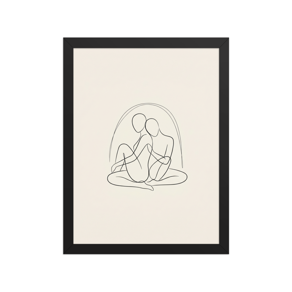 A minimalist continuous line drawing of two figures sitting and embracing each other, enclosed by a simple arch on a cream background.