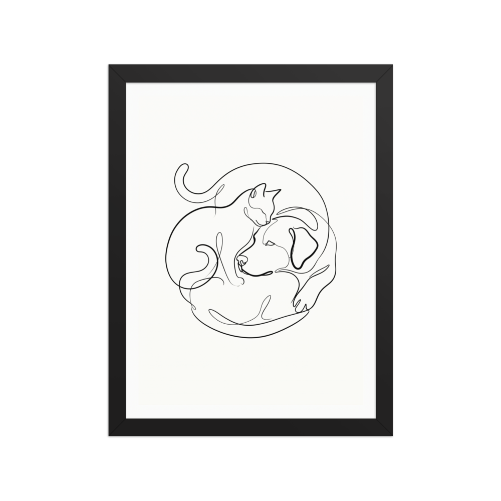 A continuous line drawing of a cat and dog curled up together in a circle on a white background.