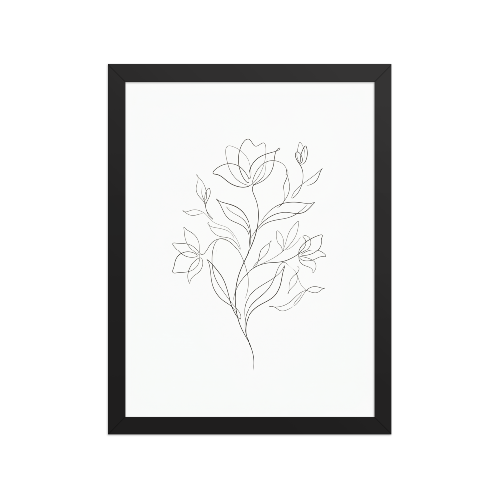 A continuous line drawing of a delicate floral arrangement featuring blooming flowers and graceful leaves against a stark white background.
