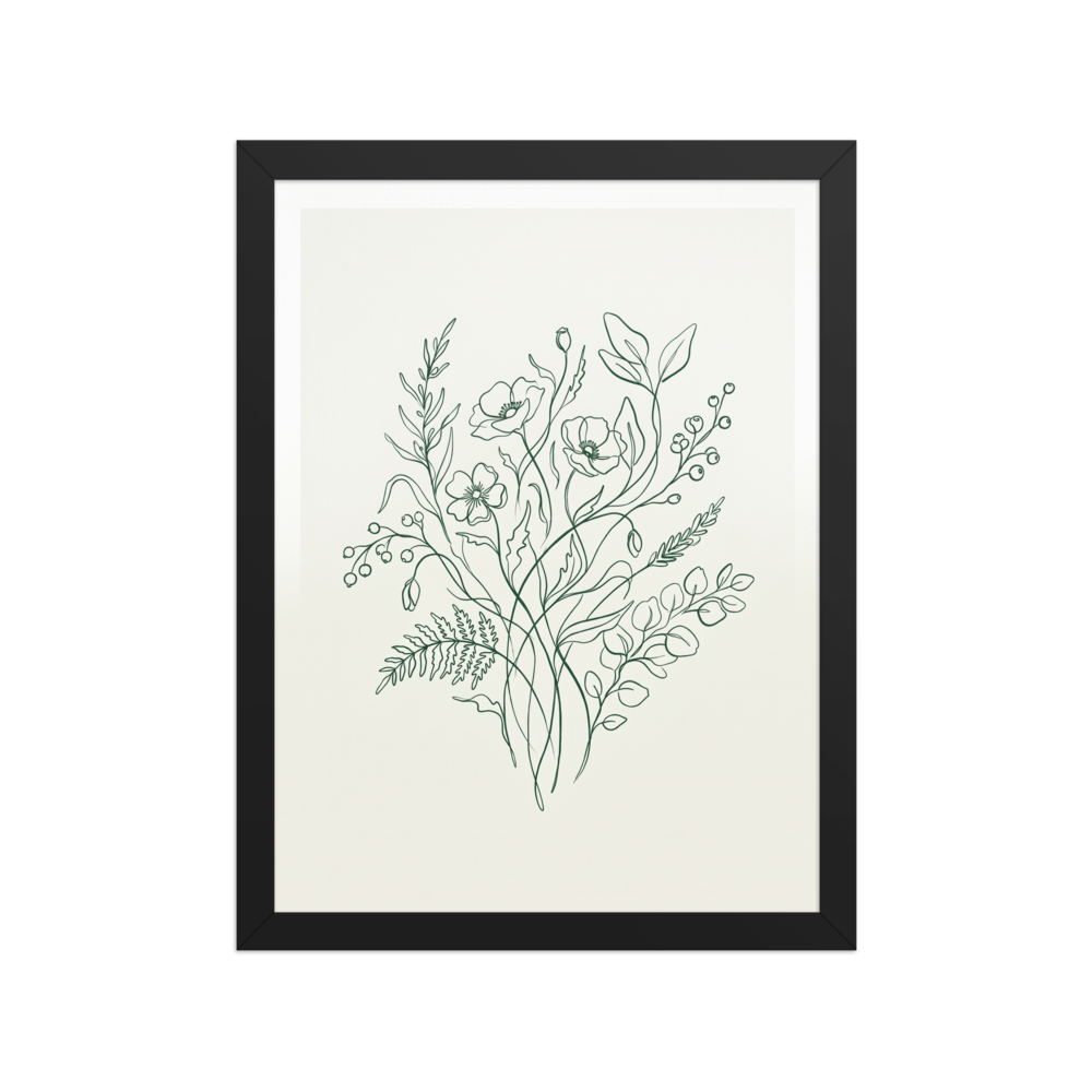 A detailed line drawing of a lush botanical bouquet featuring wildflowers, ferns, and berries in dark green ink on a warm beige background.