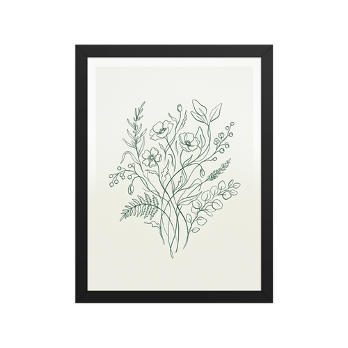 A detailed line drawing of a lush botanical bouquet featuring wildflowers, ferns, and berries in dark green ink on a warm beige background.