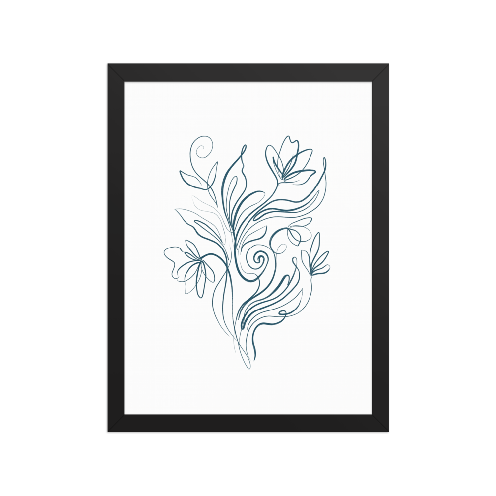 A fluid, expressive line drawing of a floral motif in deep teal ink on a white background, featuring elegant curves and swirling tendrils.