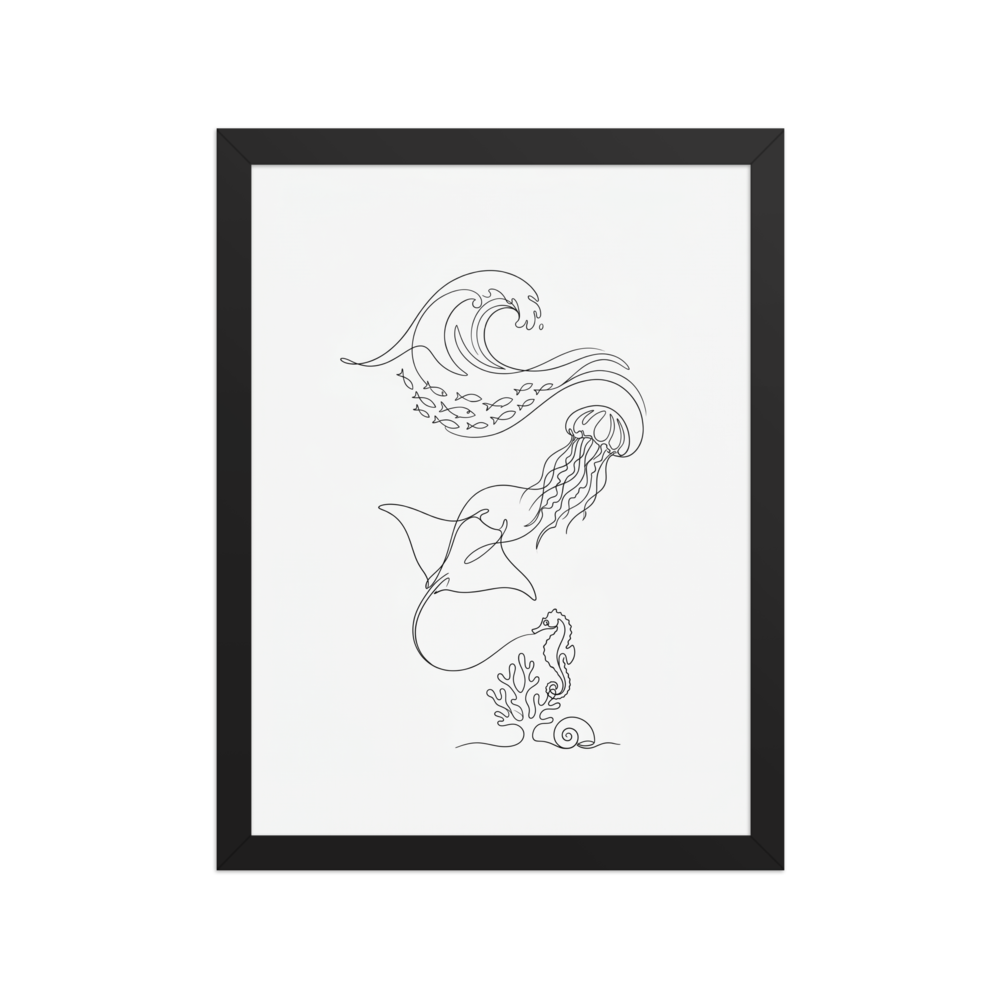 A continuous line drawing depicting a wave, a school of fish, a jellyfish, a stingray, and a seahorse resting on coral.