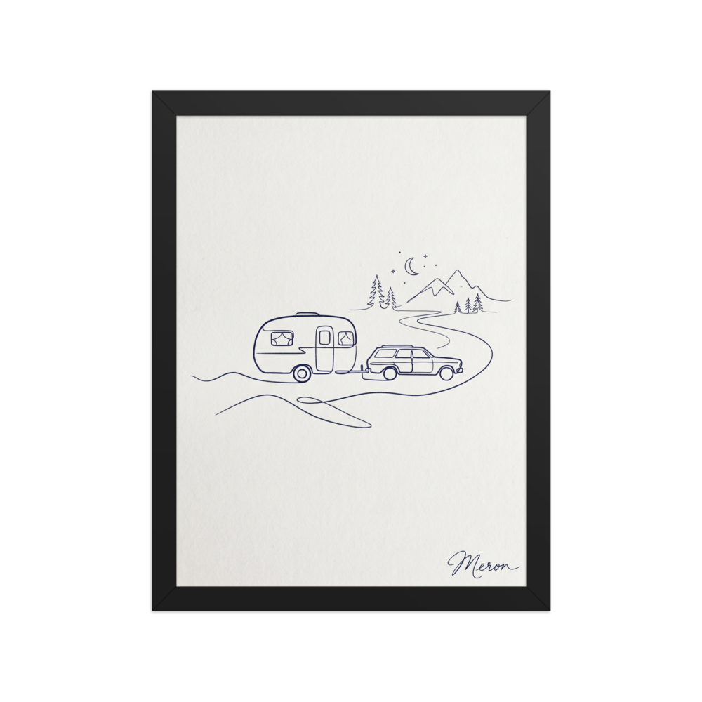 A minimalist line drawing of a station wagon towing a vintage camper through a landscape with mountains, pine trees, and a crescent moon.