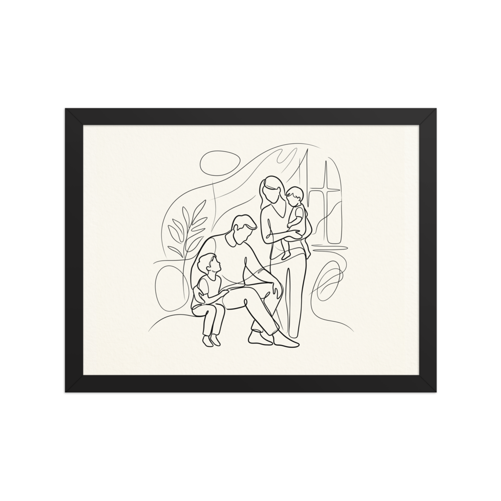 A continuous line drawing of a family: a father sitting with a young child, and a mother standing holding a baby, with a sun and window in the background.