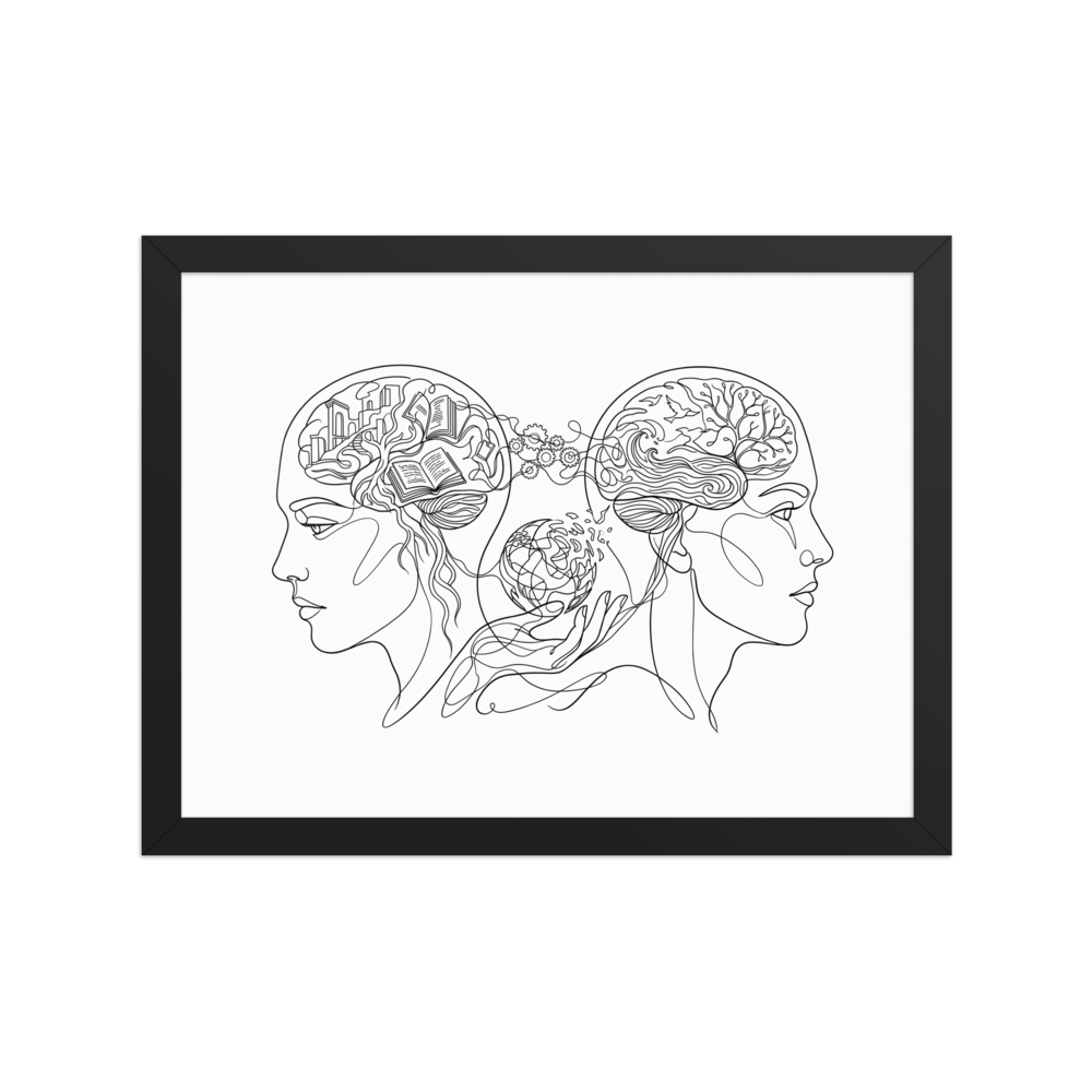 A continuous line drawing of two human profiles facing opposite directions; one head contains books and buildings, the other contains trees and waves, connected by gears and a globe.
