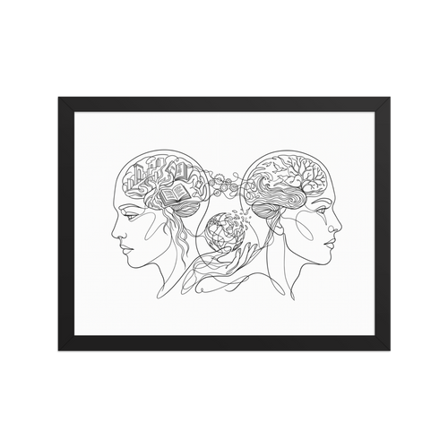 A continuous line drawing of two human profiles facing opposite directions; one head contains books and buildings, the other contains trees and waves, connected by gears and a globe.