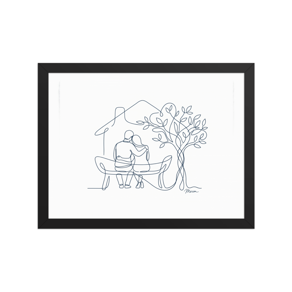 A continuous line drawing of a couple sitting on a bench facing a house and a stylized tree.