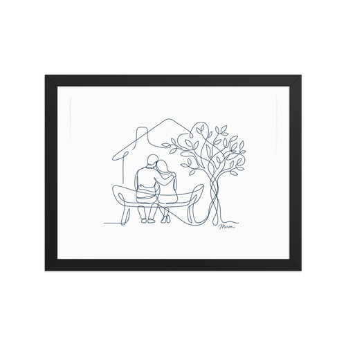 A continuous line drawing of a couple sitting on a bench facing a house and a stylized tree.
