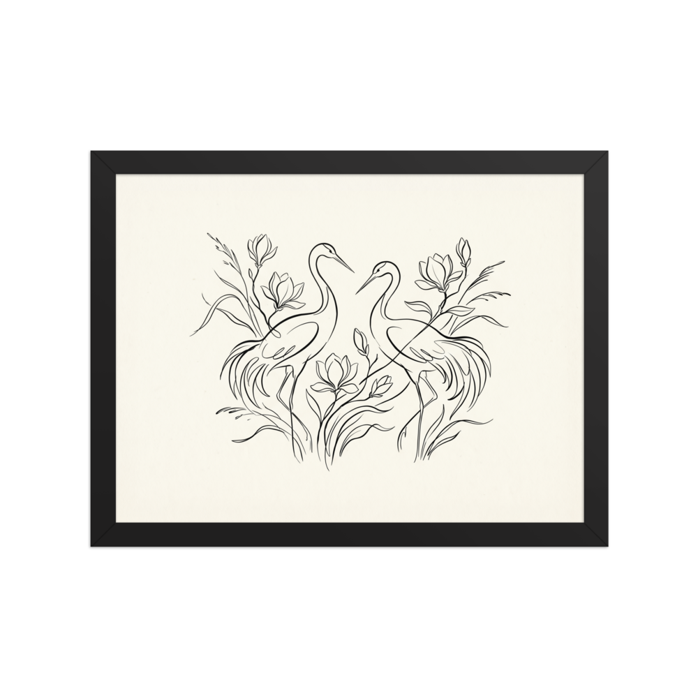 A line drawing of two elegant herons standing among blooming magnolia flowers and tall grasses.